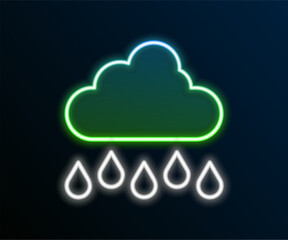 Glowing neon line Cloud with rain icon isolated on black background. Rain cloud precipitation with rain drops. Colorful outline concept. Vector