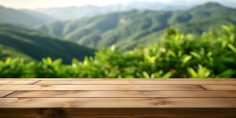 table background of free space for your decoration and blurred landscape of mountains. Blue sky with sun light and green small leaves. digital ai