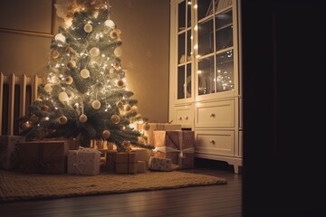 Christmas tree with presents on the floor in the living room at night, magic time, merry christmass.