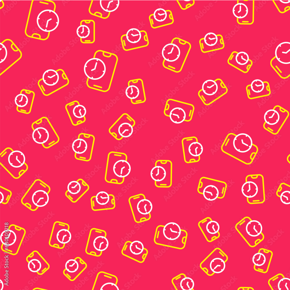 Poster line alarm clock app smartphone interface icon isolated seamless pattern on red background. vector