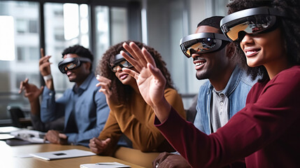 Group of students wearing VR goggles in class. Photo of a diverse group of students participating in a virtual class, engaging with AR educational content