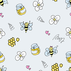 Cute smiling bee with honey and flowers - colorful hand drawn seamless pattern on light blue background