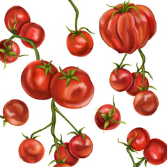 Seamless hand drawn pattern with red tomatoes and cherry tomatoes. Vegetable background for textiles, fabrics, banner, wrapping paper, and other designs. Digital illustration on white background