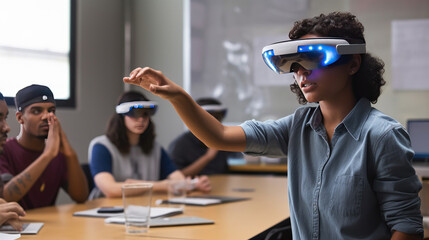 Group of students wearing VR goggles in class. Photo of a diverse group of students participating in a virtual class, engaging with AR educational content