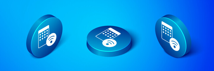 Isometric Air humidifier icon isolated on blue background. Portable electric home appliance, home air purification and humidification. Blue circle button. Vector