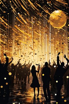 Happy people celebrate and dance New Year and Christmas at cafe. Nightlife. Vertical format. Generative AI.