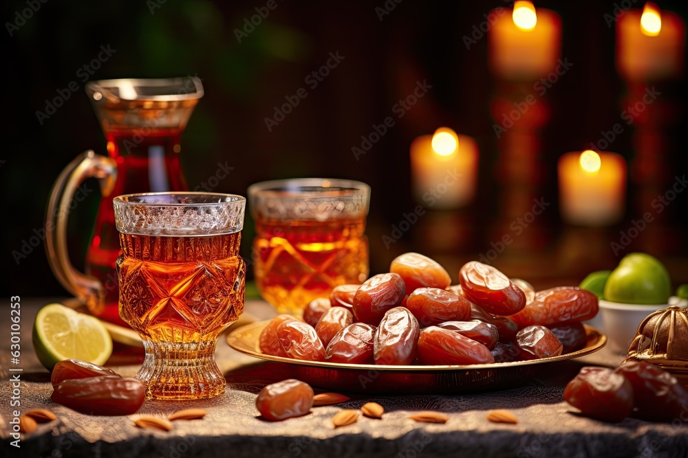 Sticker On 23 February 2023, capture the essence of Iftar Ramadan at home with a delectable spread of sweet beverages, jelly, dates, and pistachio nuts, creating a captivating image with a blurred background