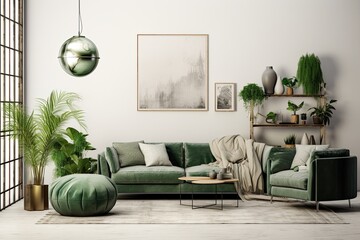 Modern home decor featuring a trendy loft interior with a green sofa, a chic pouf, a mock up poster map, various furniture pieces, a cozy carpet, vibrant plants, decorative accents, and sophisticated