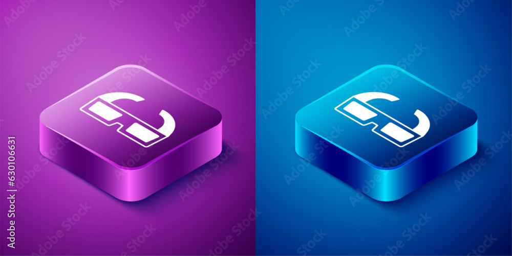 Wall mural Isometric 3D cinema glasses icon isolated on blue and purple background. Square button. Vector