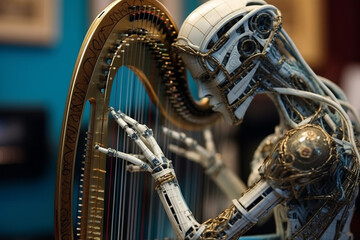 Fototapeta na wymiar Usefulness versatility of A.I, artificial intelligence technology. Stained metal robot equipped with humanoid brain machine plays harp professionally. Place for text copy paste. Generative AI