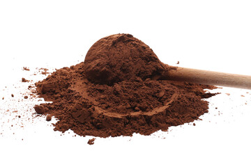 Ground cocoa, powder in wooden spoon isolated on white