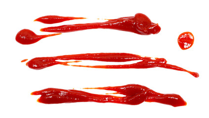 Red ketchup splashes isolated on, white background, tomato pure texture, top view