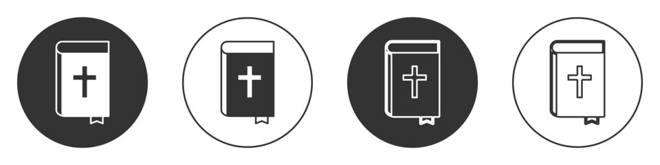 Black Holy bible book icon isolated on white background. Circle button. Vector