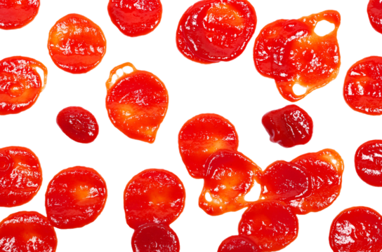 Ketchup, tomato sauce droplets isolated on white, top view