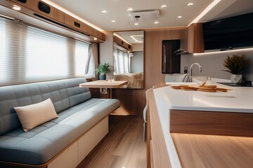 Relaxation areas for road travel. Modern Interior of motor home camping car, furnishing decor of salon area, comfortable modern caravan house design. Travelling entertainment concept. Generative AI