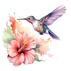 Fototapeta premium Watercolor marker tropical flower background with humminbird colibri birds.