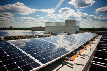 Rooftop panels that convert sunlight into electricity or solar cell panels installed on buildings serve as a solution to environmental issues and promote eco friendliness. These panels capture the - obrazy, fototapety, plakaty