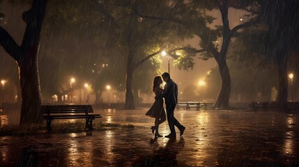 A couple dancing in the rain - obrazy, fototapety, plakaty