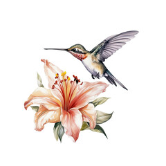 Watercolor marker tropical flower background with humminbird colibri birds.