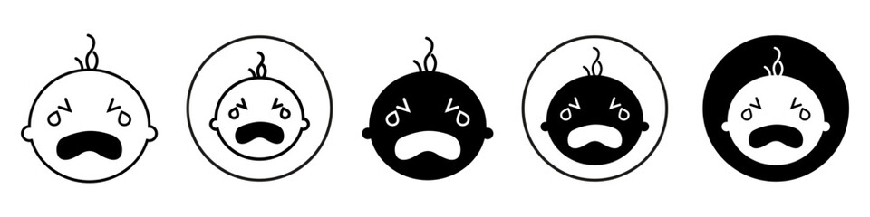 Baby crying symbol icon. Doodle vector set collection of kid child or infant cry and tear pain of babe boy or girl shows upset or angry emotional web app ui icon. Outlined flat sad face screaming 