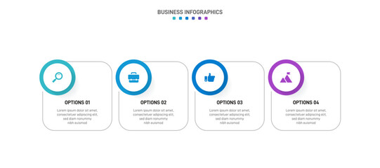 Timeline infographic with infochart. Modern presentation template with 4 spets for business process. Website template on white background for concept modern design. Horizontal layout.