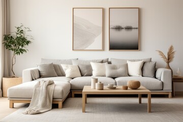 Fototapeta na wymiar In a modern home decor, the living room boasts a fashionable interior featuring a modular sofa with a sleek design, stylish furniture pieces, a wooden coffee table, decorative rattan elements, a mock