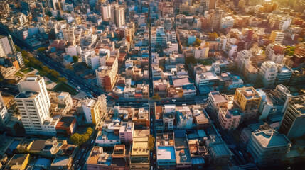 Fototapeta premium A cityscape is captured from the perspective of a drone