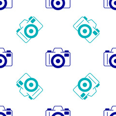 Blue Photo camera icon isolated seamless pattern on white background. Foto camera. Digital photography. Vector