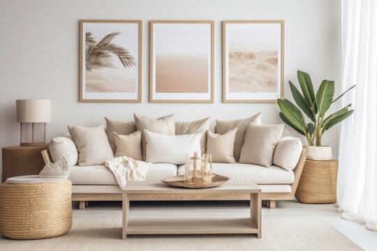 In a modern home decor setting, there is a fashionable interior that features a design neutral modular sofa, mock up poster frames, a rattan armchair, coffee tables, a vase of dried flowers, various