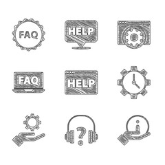 Set Browser help, Headphones, Information, Time Management, Settings in the hand, Laptop FAQ, setting and Label with text icon. Vector