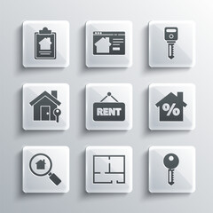 Set House plan, key, with percant discount, Hanging sign Rent, Search house, contract and icon. Vector