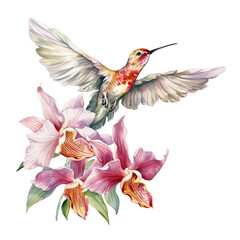 Obraz premium Watercolor marker tropical flower background with humminbird colibri birds.