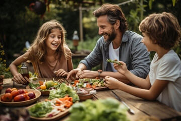 a family enjoying a picnic with a delicious spread of vegetarian food, fostering togetherness and appreciation for plant-based choices on World Vegetarian Day Generative AI