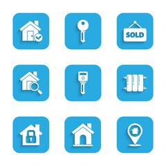 Set House key, Location with house, Heating radiator, under protection, Search, Hanging sign text Sold and check mark icon. Vector