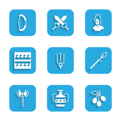 Set Neptune Trident, Ancient amphorae, Olives branch, Medieval spear, axe, Greek pattern, bust sculpture and bow icon. Vector