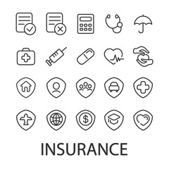 Set of insurance and guarantee icons. Contains icons of health insurance, life, car, home, travel insurance. Vector illustration