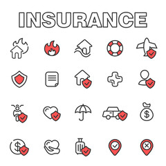 Set of insurance and guarantee icons. Contains icons of health insurance, life, car, home, travel insurance. Vector illustration