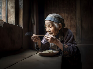 Old Chinese woman eating rice in her hut, Ai Generated