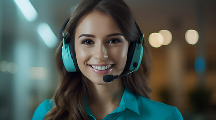 A young girl with headphones and a microphone working in a call center