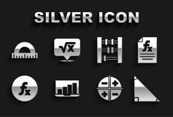 Set Laptop with graph chart, Function mathematical symbol, Triangle, XYZ Coordinate system, Abacus, Protractor and Square root of x glyph icon. Vector