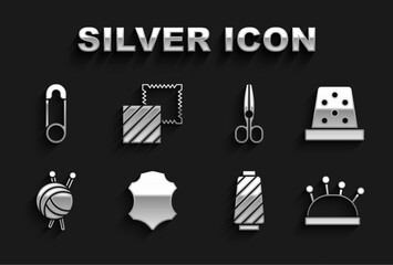 Set Leather, Thimble for sewing, Needle bed and needles, Sewing thread on spool, Yarn ball with knitting, Scissors, Safety pin and Textile fabric roll icon. Vector