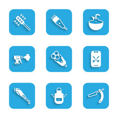 Set Electric razor blade, Barber apron, Straight, online service platform, Electrical hair clipper, Hairdresser pistol spray bottle, Washbasin and Hairbrush icon. Vector