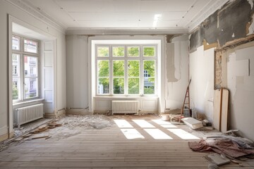 Renovated rooms with spacious windows and heating systems, both before and after the restoration process. Examination of the differences between an old apartment and a newly renovated residence. The