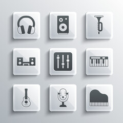 Set Microphone, Grand piano, Music synthesizer, Sound mixer controller, Guitar, Home stereo with two speakers, Headphones and Trumpet icon. Vector