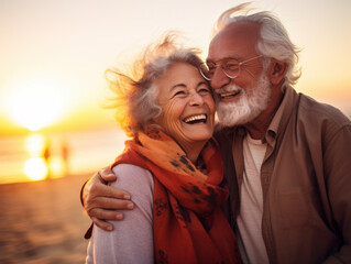 happy mature couple at beach during sunset 
