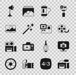 Set Cinema camera, Photo, Film reel, Camera film roll cartridge, retouching, Studio light bulb softbox and Action extreme icon. Vector