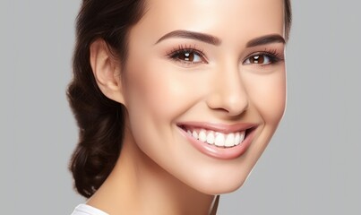 Fototapeta premium Beautiful wide smile of healthy woman, white teeth close up, dentist tooth whitening. Generative AI