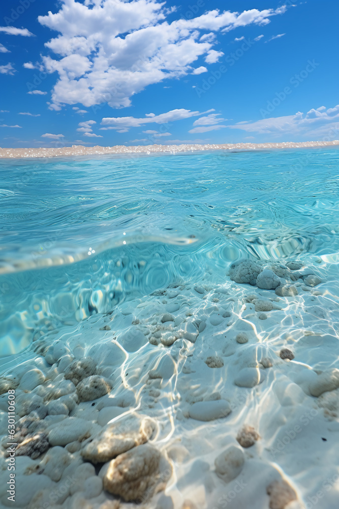 Wall mural sky blue water, white sandy beach. ai generative