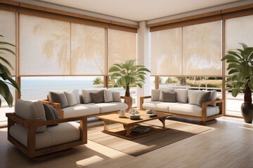 Interior roller blinds are used to cover the windows, and there are automatic solar shades in a bigger size for the windows. The living room consists of sofas and palm trees, creating a pleasant - obrazy, fototapety, plakaty
