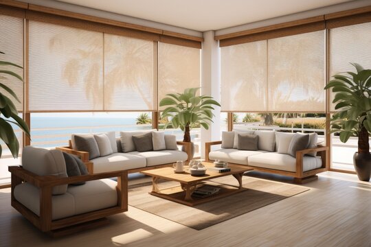 Interior roller blinds are used to cover the windows, and there are automatic solar shades in a bigger size for the windows. The living room consists of sofas and palm trees, creating a pleasant